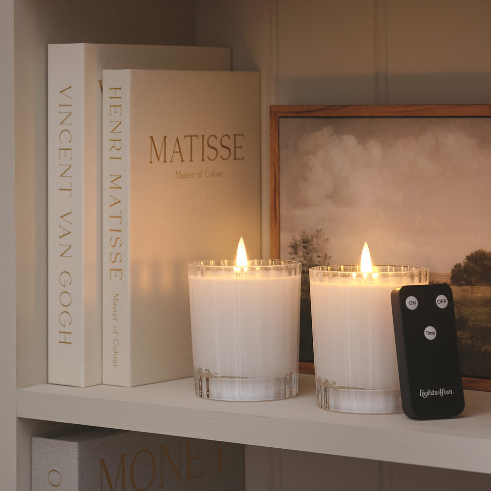 Duo de Bougies LED TruGlow®, Photophores en Verre Strié avec Télécommande