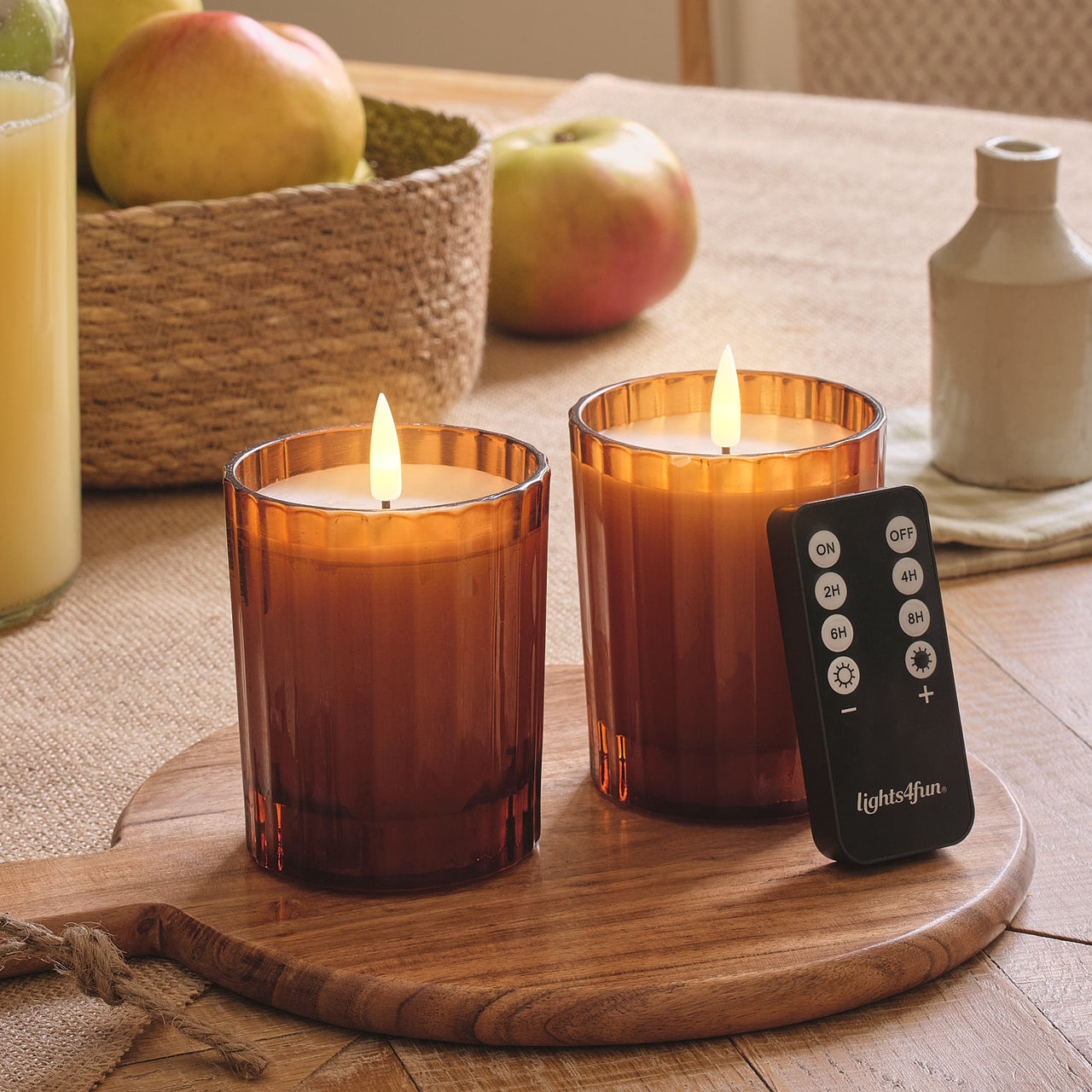 Lot de 2 Bougies LED TruGlow® en Verre Rainuré Orange Brûlé avec Télécommande