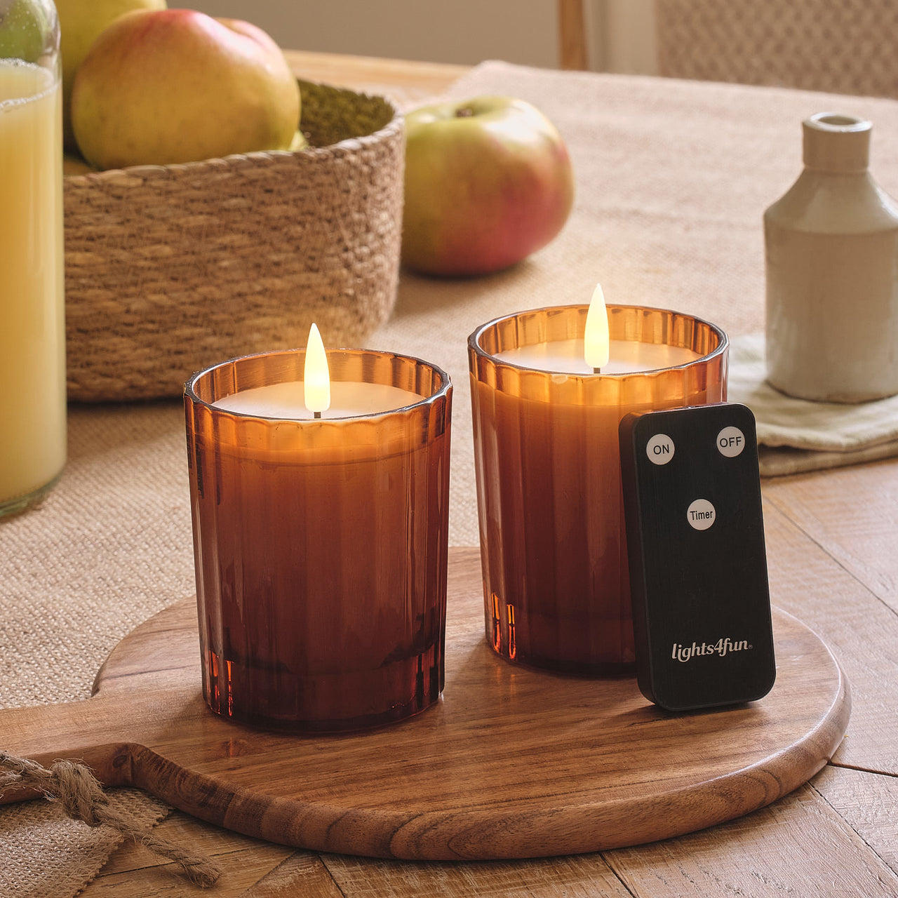 Lot de 2 Bougies LED TruGlow® en Verre Rainuré Orange Brûlé avec Télécommande