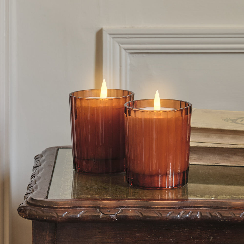Lot de 2 Bougies LED TruGlow® en Verre Rainuré Orange Brûlé avec Télécommande