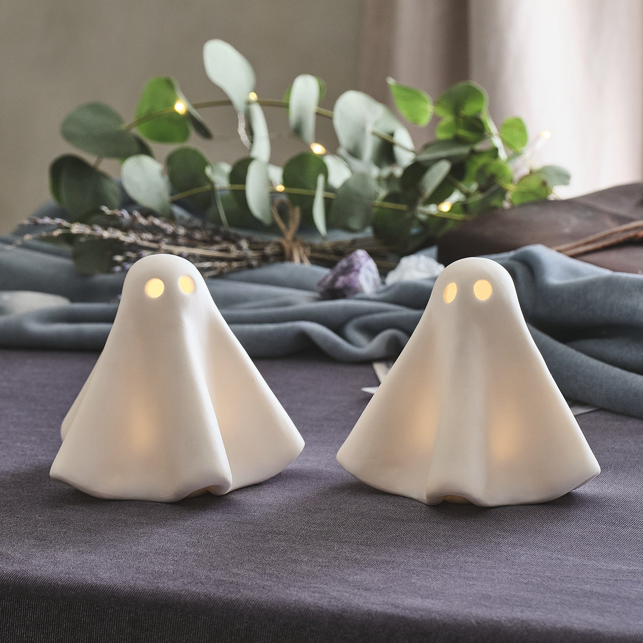 Lot de 2 Fantômes Lumineux Gérald en Céramique à LED Blanc Chaud