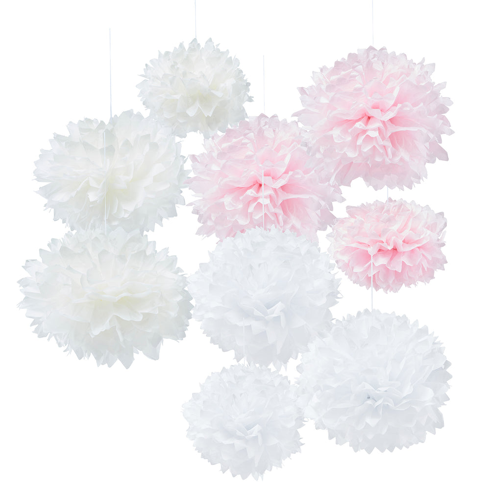 Lot de 9 Pompons en Papier Roses, Blancs et Ivoires