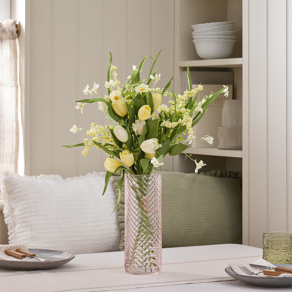 Bouquet Artificiel Tulipes Jaune Sorbet & Marguerites avec Vase en Verre Texturé Rose Poudré