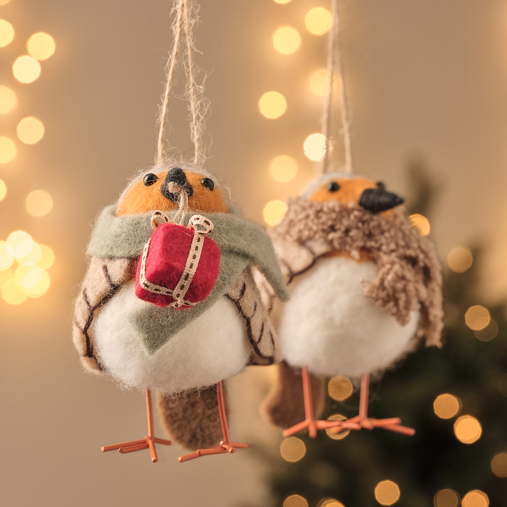 Lot de 2 Décorations Suspendues Rouges-Gorges de Noël en Feutrine Robby & Birdie