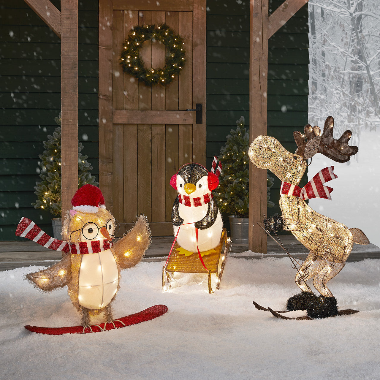 Figurines Lumineux de Noël, Pingouin, Hibou sur Luge et Élan sur ski