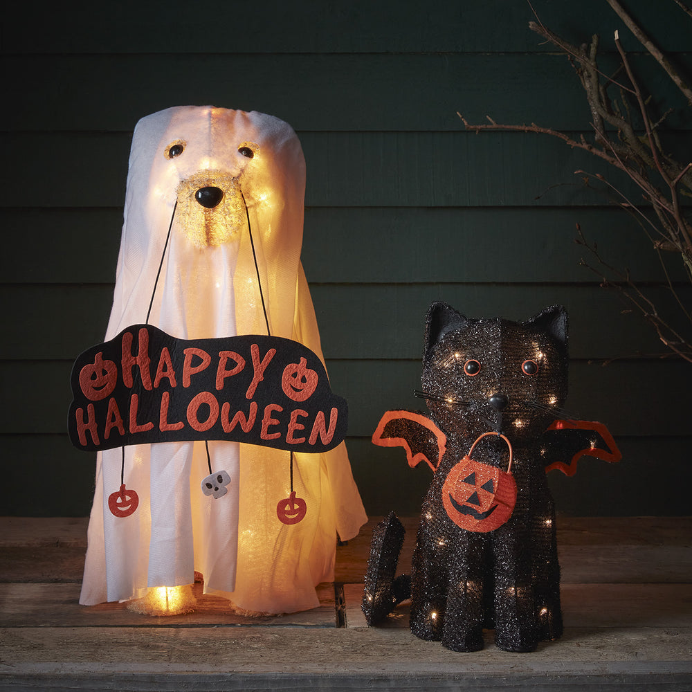 Déco d'Halloween Chien Fantôme et Chat Lumineux