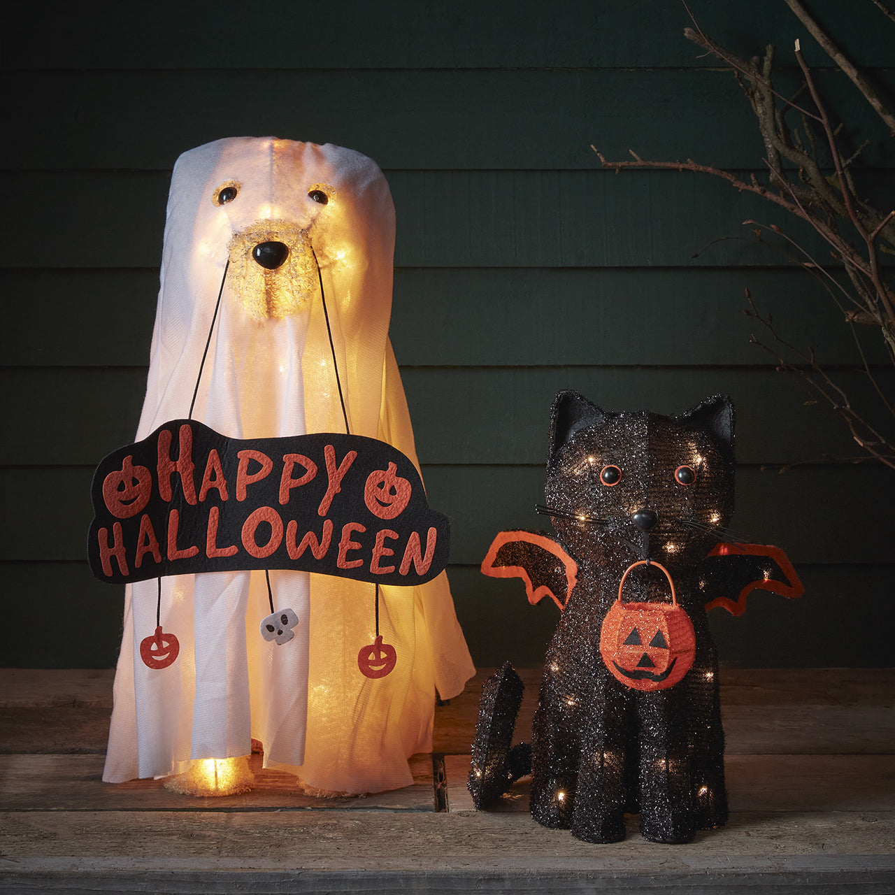 Déco d'Halloween Chien Fantôme et Chat Lumineux