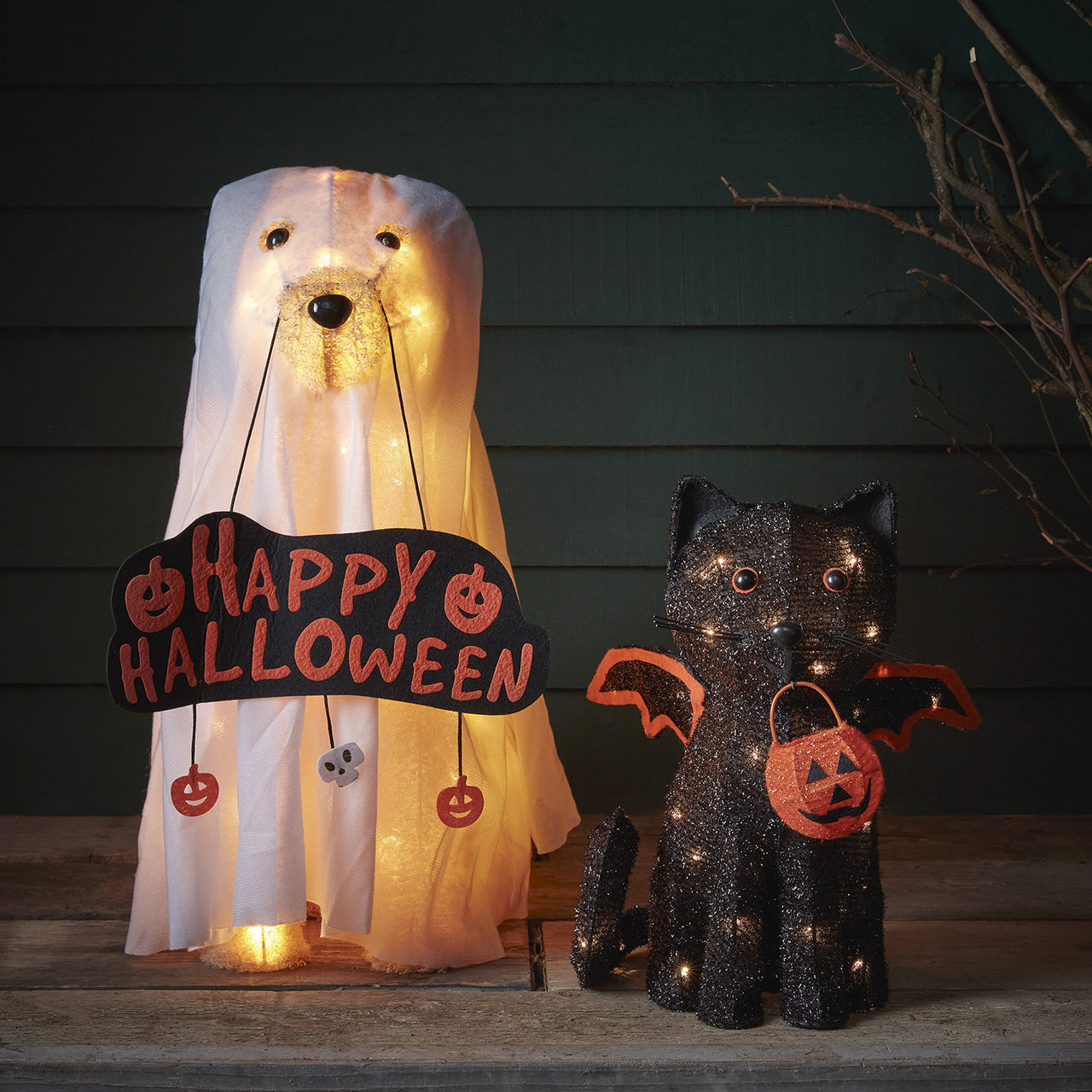 Déco d'Halloween Chien Fantôme et Chat Lumineux