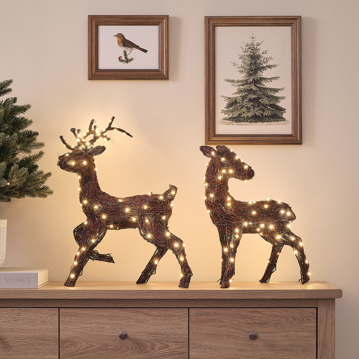 Renne Lumineux Helmsley de 52 cm en Branches Naturelles à LED Bicolores