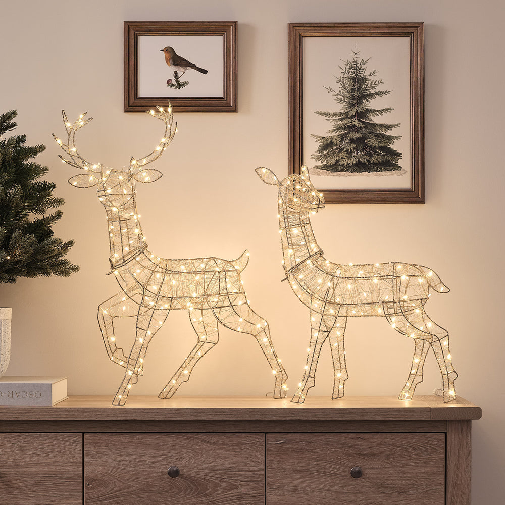 Duo Mini Cerf et Biche Lumineux Hutton Dorés à LED Bicolores