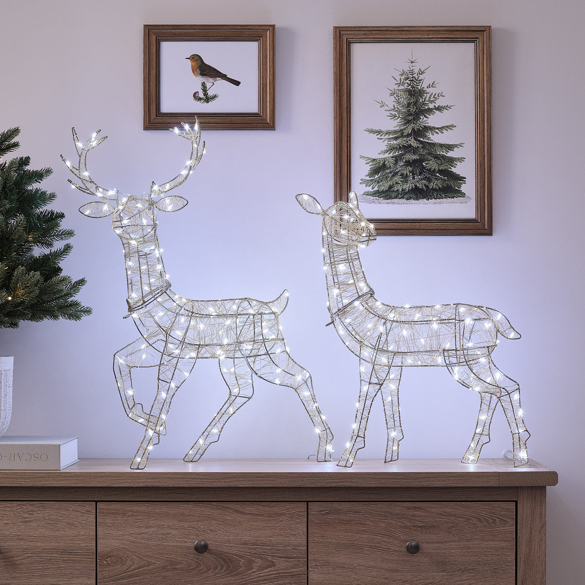 Duo Mini Cerf et Biche Lumineux Hutton Dorés à LED Bicolores