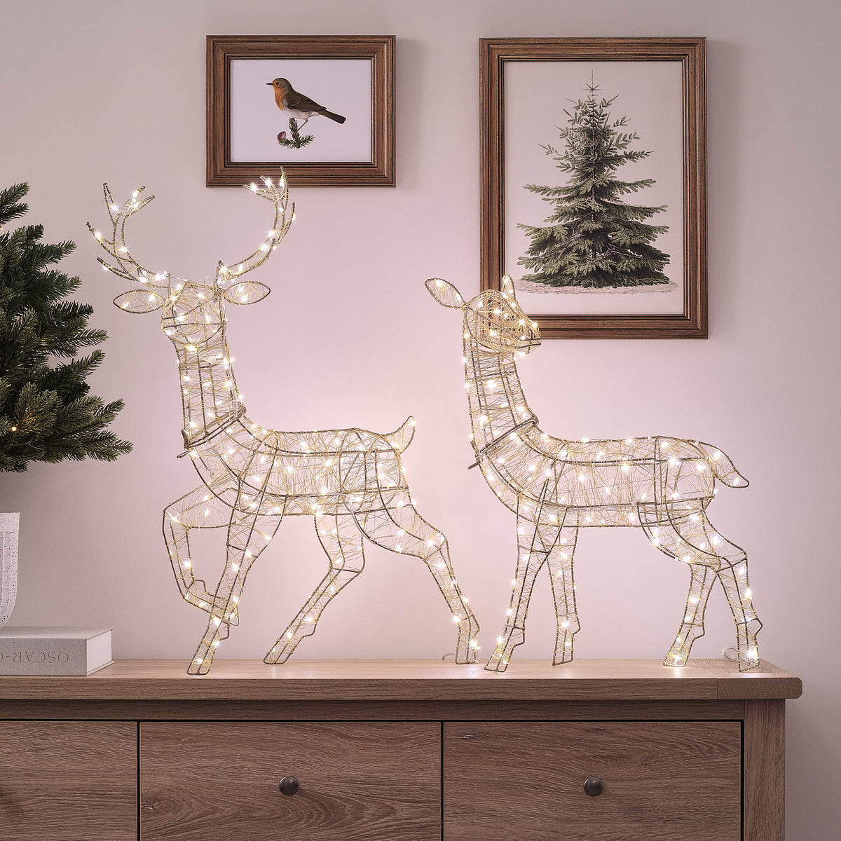 Duo Mini Cerf et Biche Lumineux Hutton Dorés à LED Bicolores