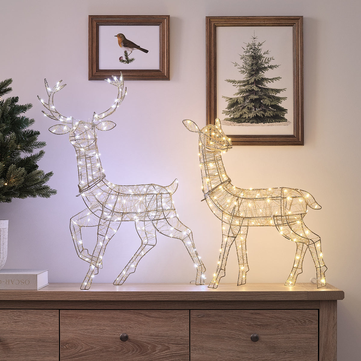 Duo Mini Cerf et Biche Lumineux Hutton Dorés à LED Bicolores