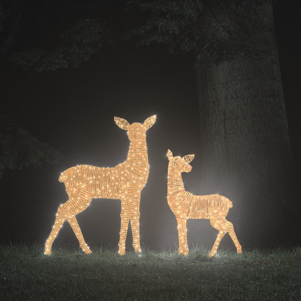 Duo Grande Biche et Grand Faon Lumineux Leyburn en Rotin à LED Bicolores