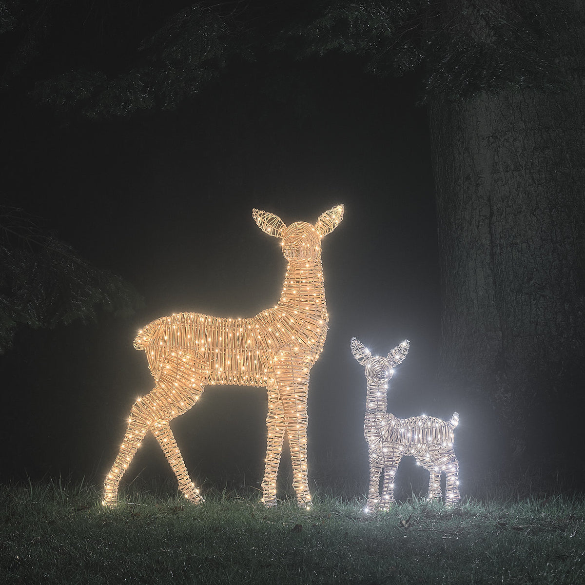 Duo Grande Biche et Faon Lumineux Leyburn en Rotin à LED Bicolores