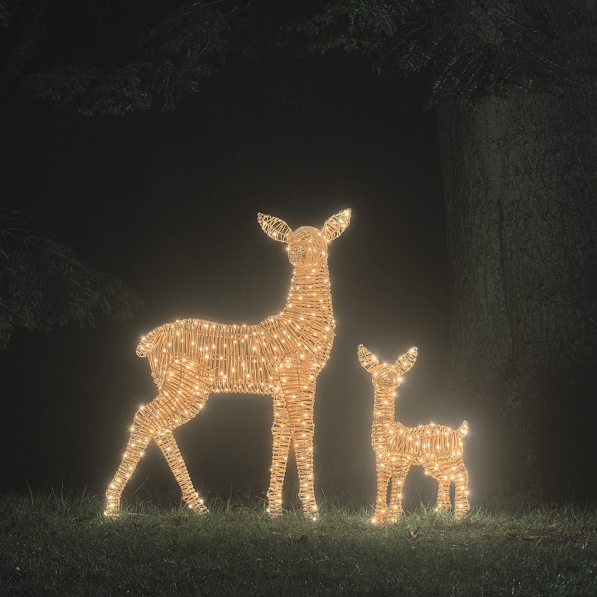 Duo Grande Biche et Faon Lumineux Leyburn en Rotin à LED Bicolores