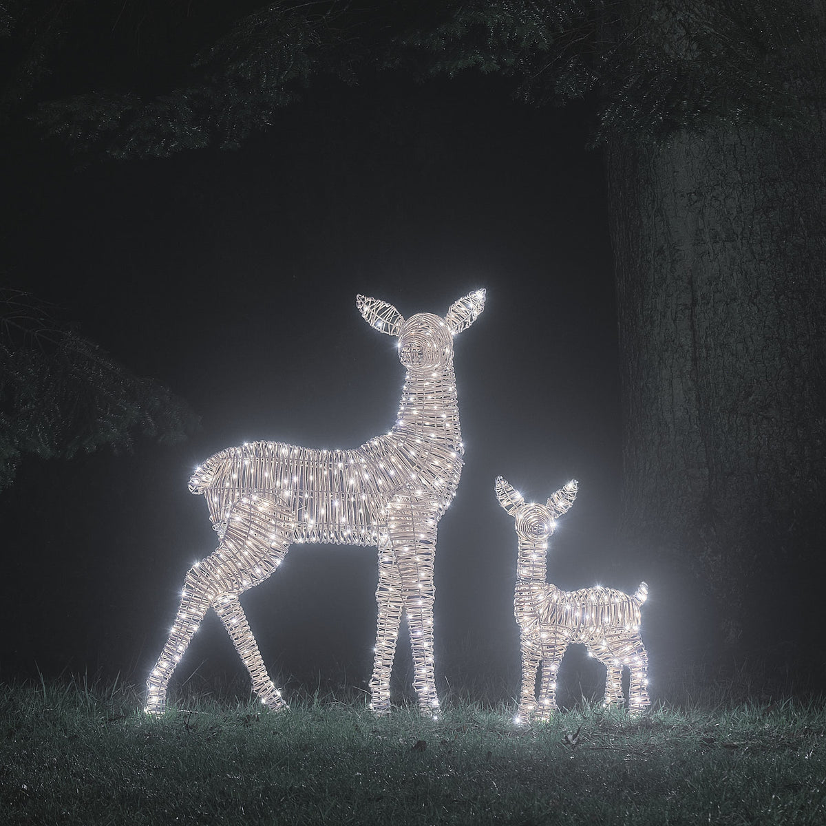 Duo Grande Biche et Faon Lumineux Leyburn en Rotin à LED Bicolores