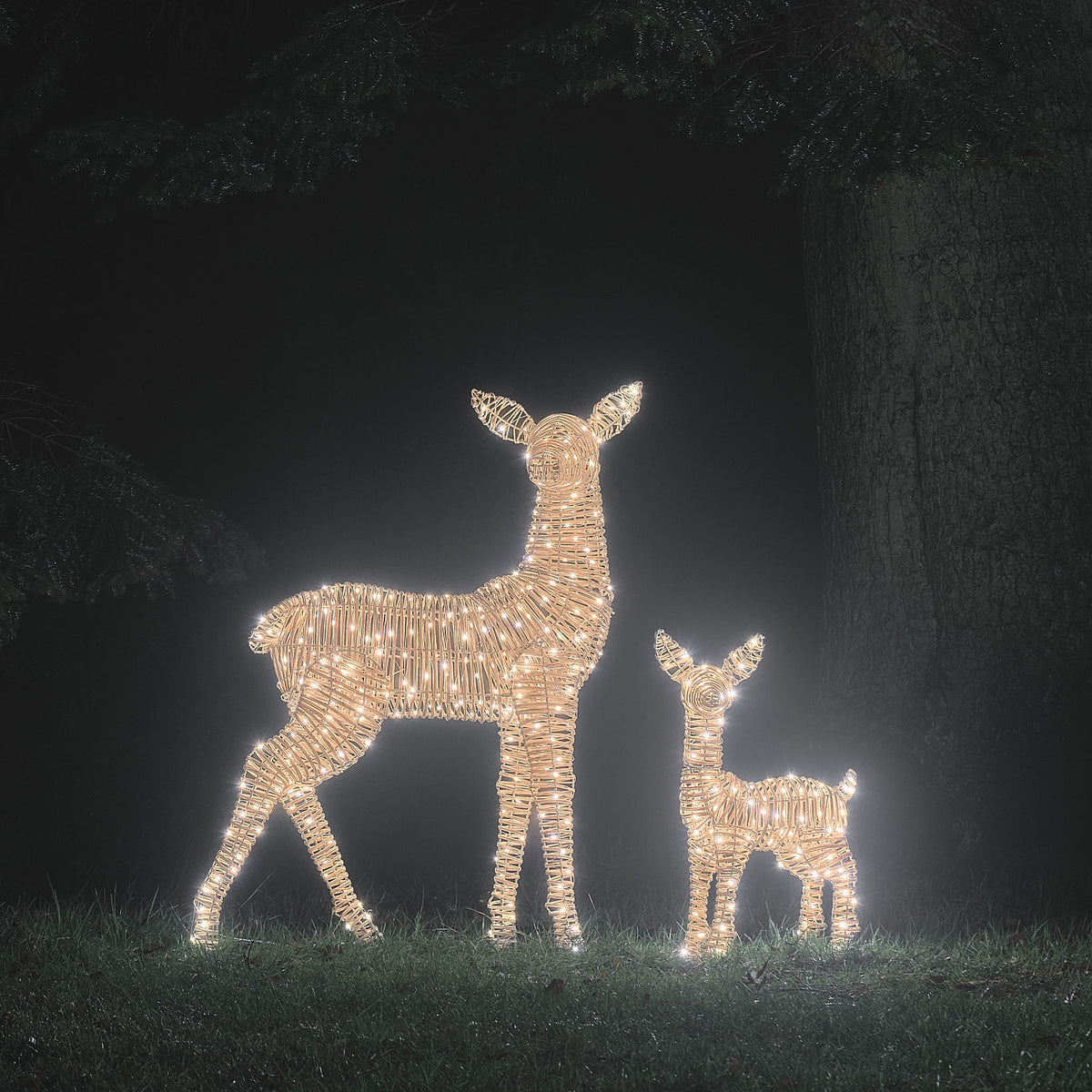 Duo Grande Biche et Faon Lumineux Leyburn en Rotin à LED Bicolores
