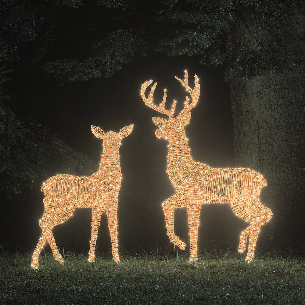 Duo Grand Cerf et Grande Biche Lumineux Leyburn en Rotin à LED Bicolores