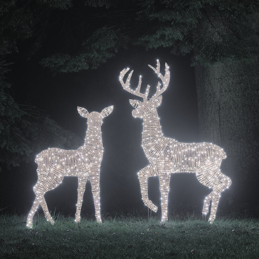 Duo Grand Cerf et Grande Biche Lumineux Leyburn en Rotin à LED Bicolores