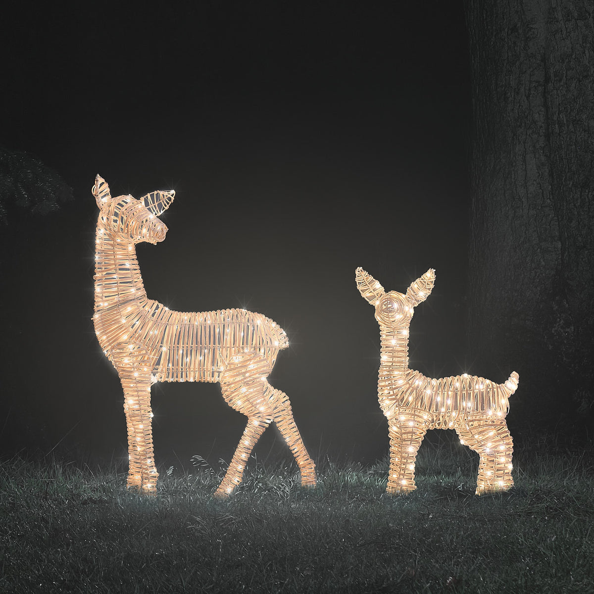 Duo de Faons Lumineux Leyburn en Rotin à LED Bicolores