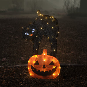 Silhouette Lumineuse Chat Noir et Citrouille d'Halloween