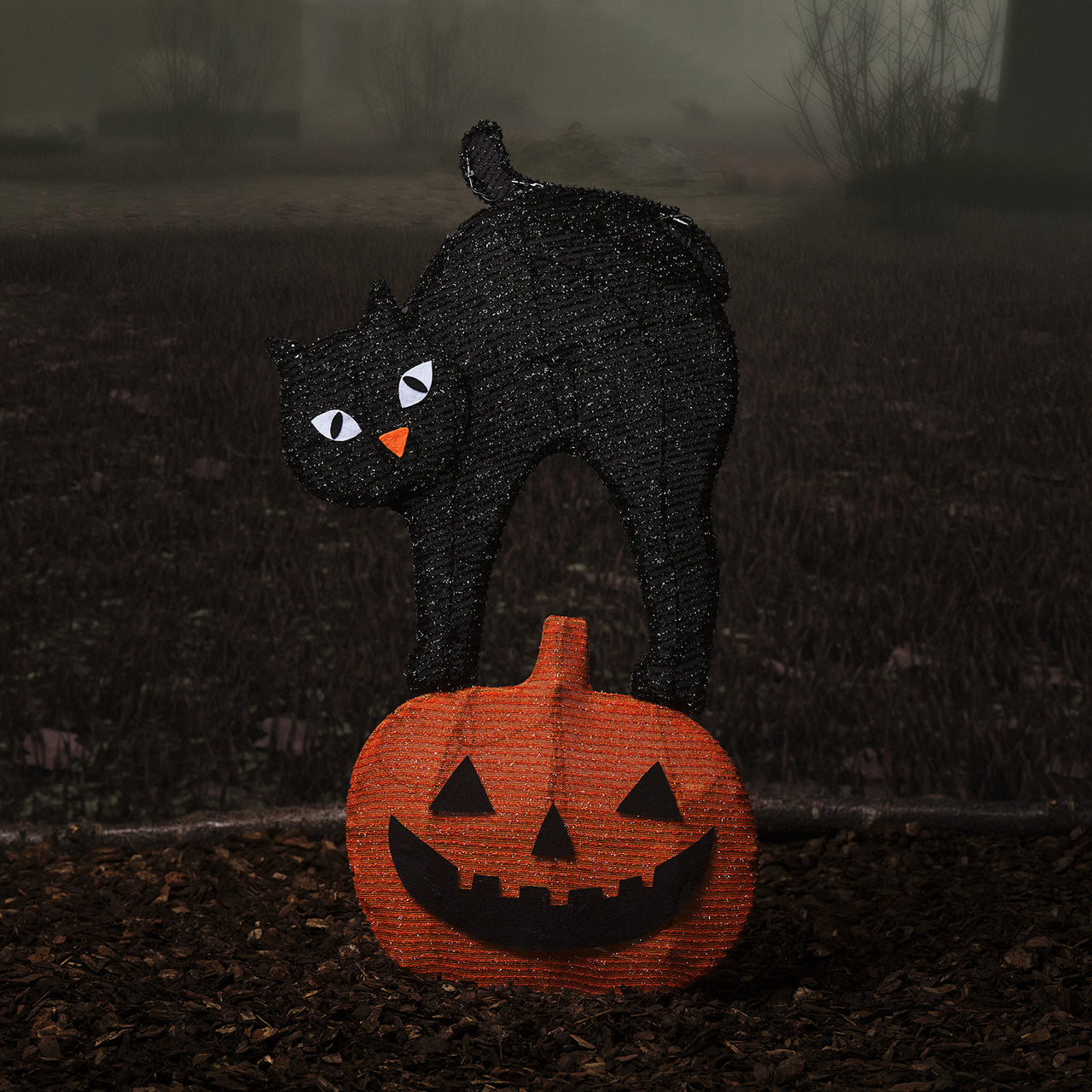 Silhouette Lumineuse Chat Noir et Citrouille d'Halloween