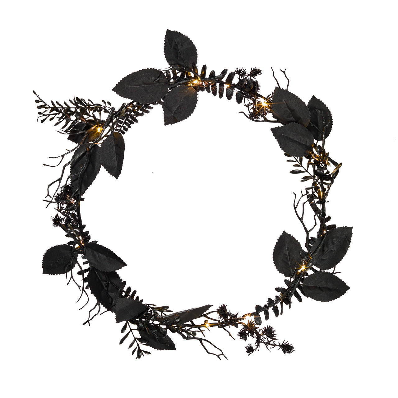 Couronne Pré-éclairée Feuillage Noir d’Halloween