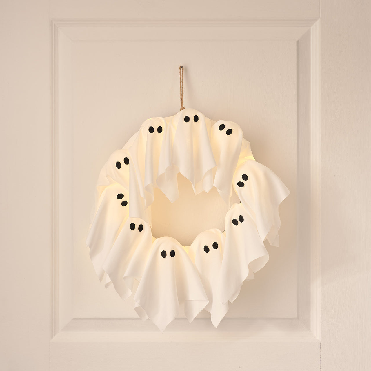 Couronne Fantômes d'Halloween de 32 cm à LED Blancs