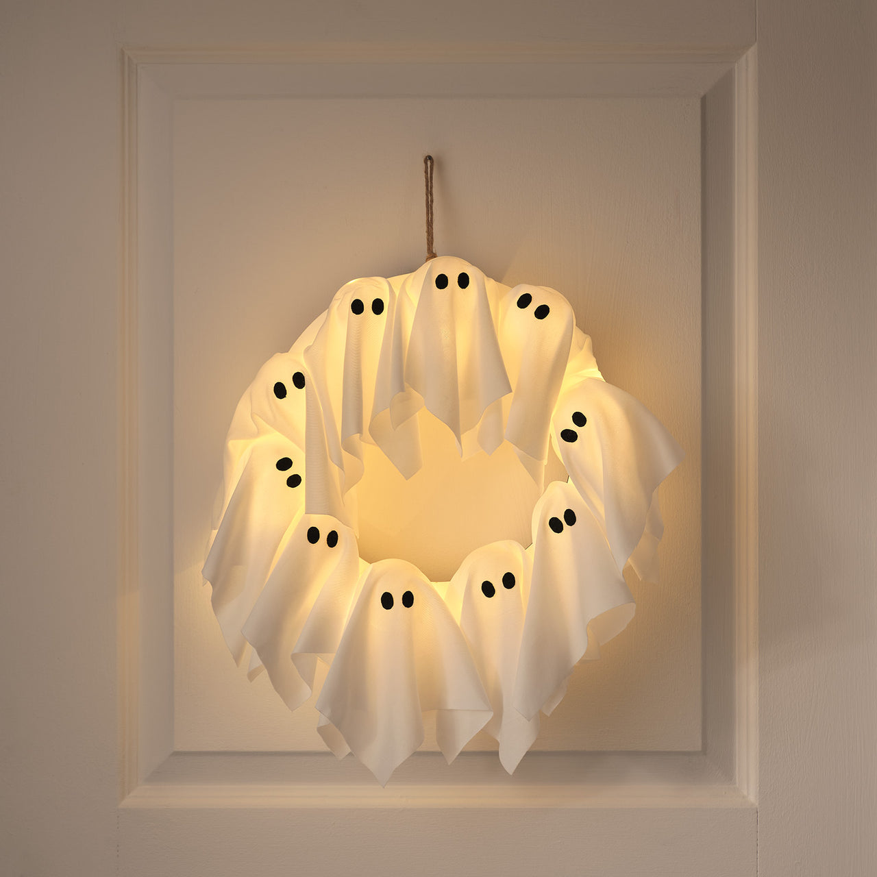 Couronne Fantômes d'Halloween de 32 cm à LED Blancs