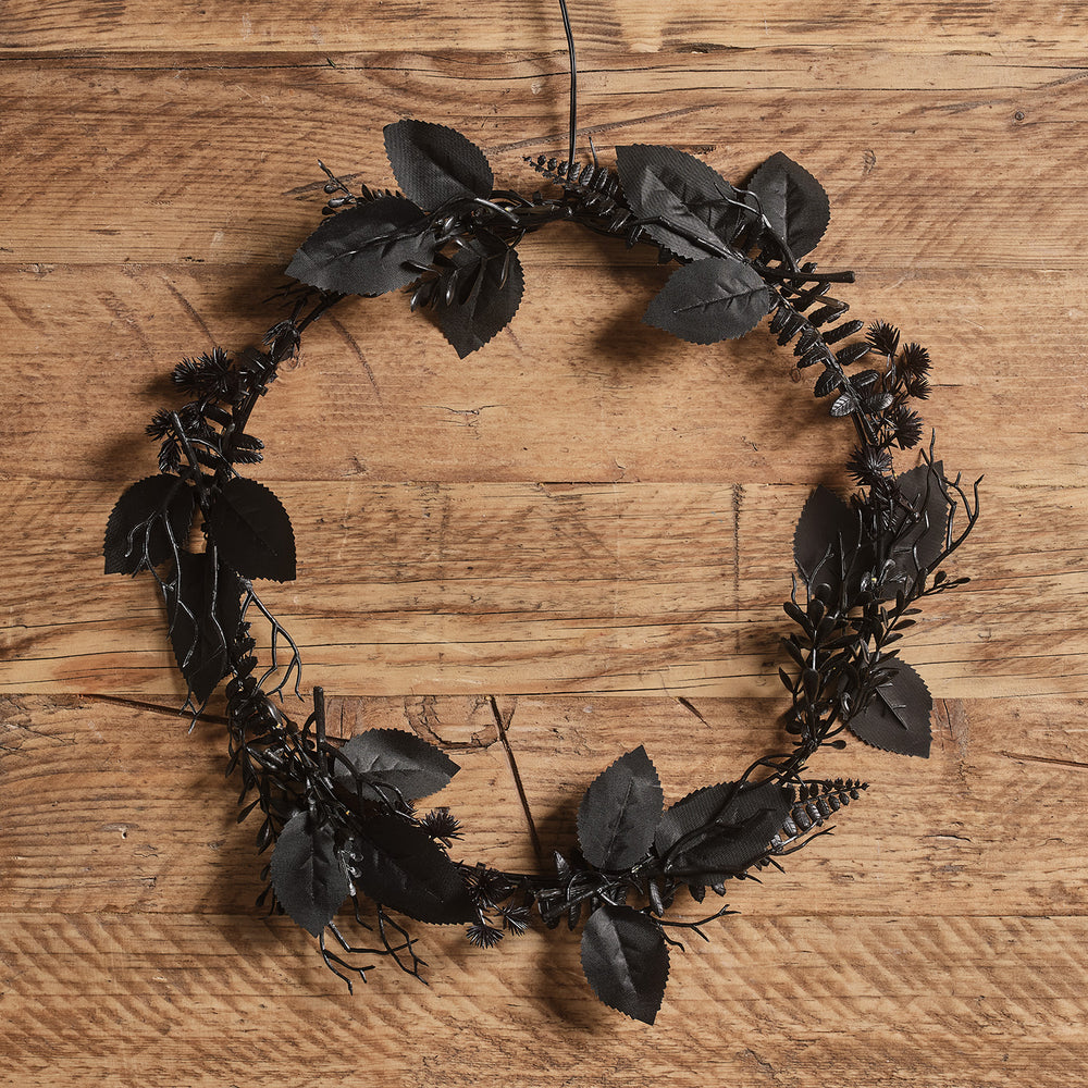 Couronne Pré-éclairée Feuillage Noir d’Halloween