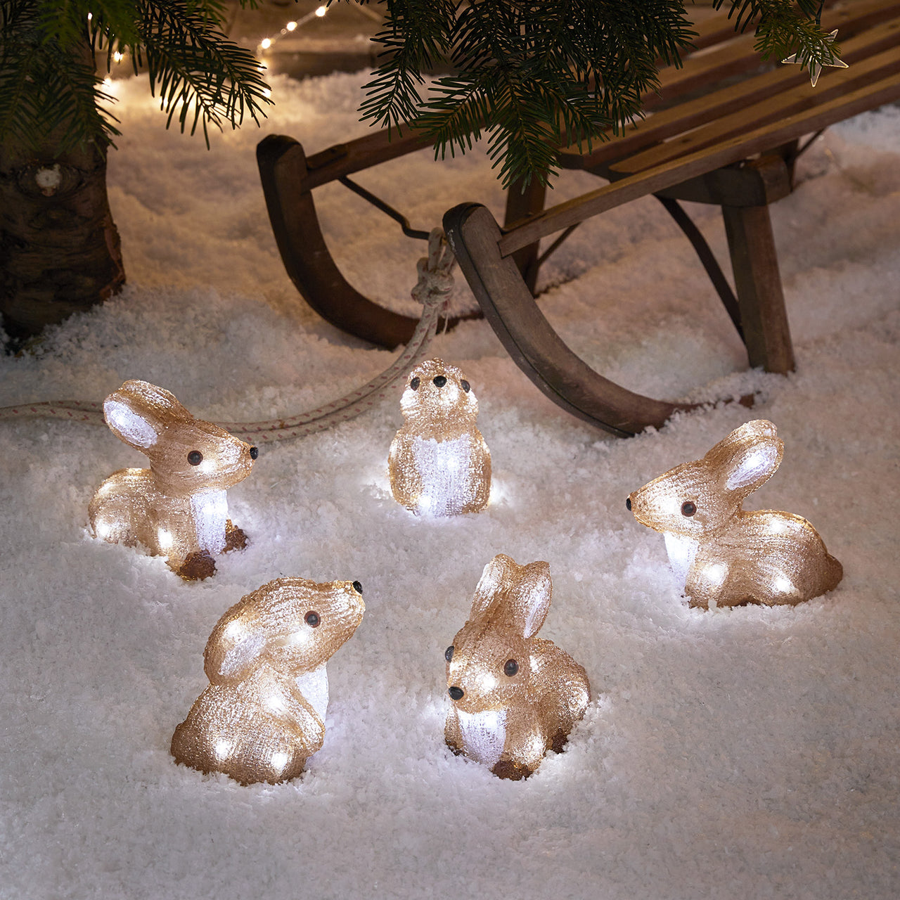 Lot de Figurines de Noël Hibou et Lapins Lumineux en Acrylique