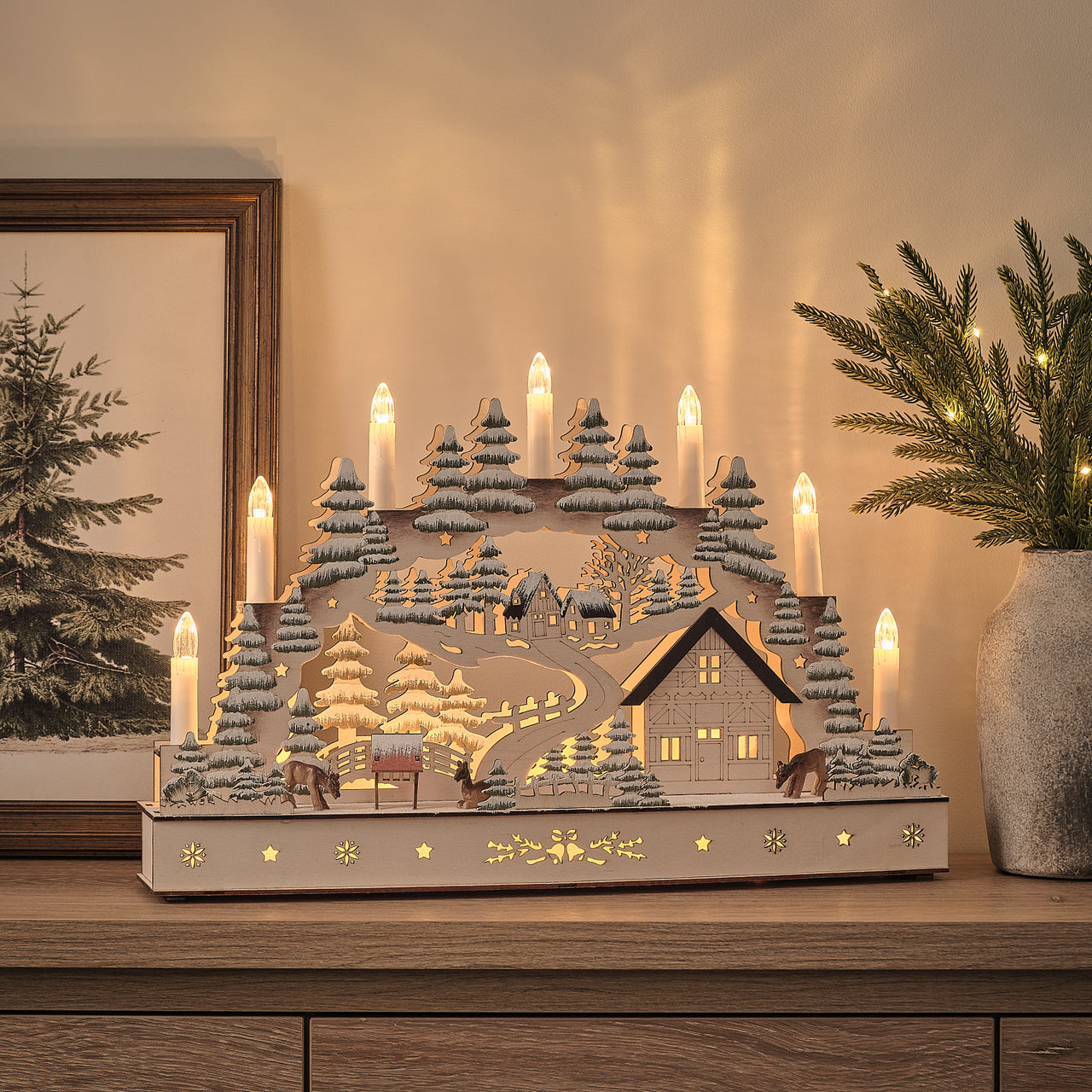 Scène de Noël Village Lumineux en Bois avec 7 Chandelles LED
