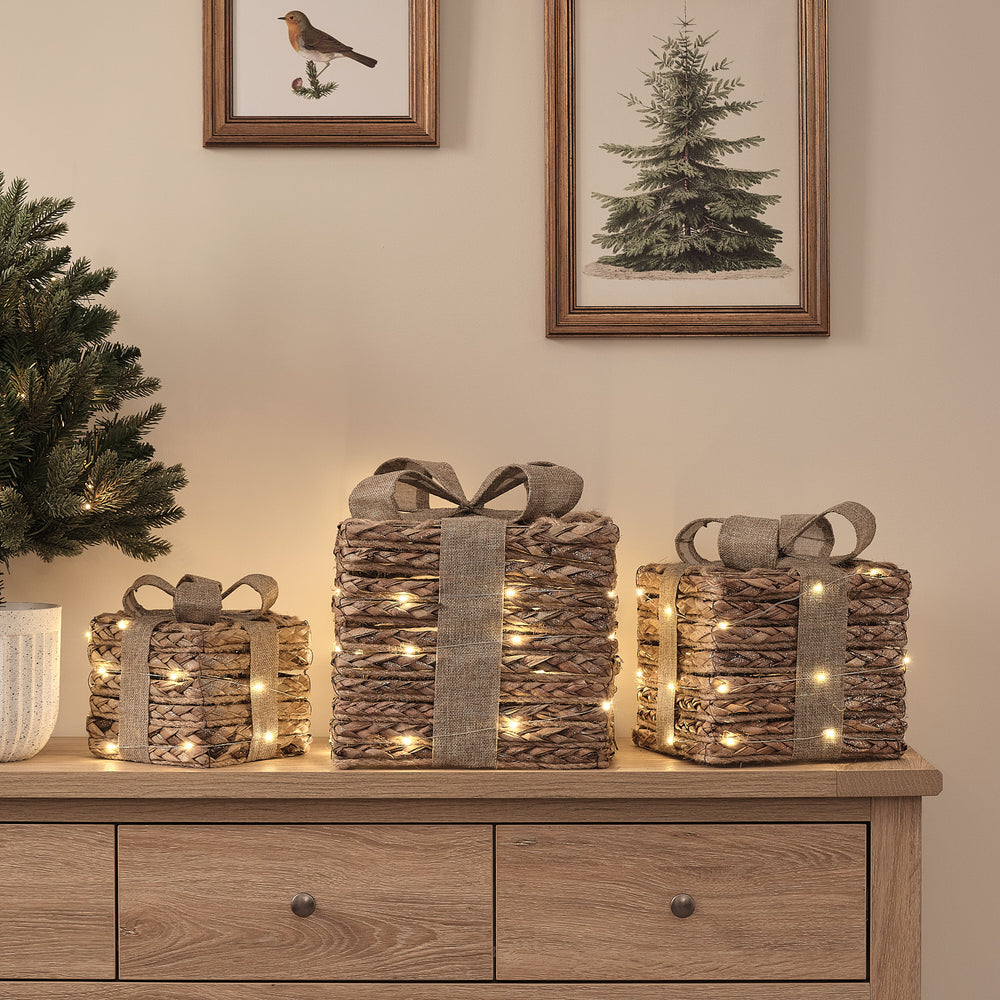 Lot de 3 Cadeaux Lumineux en Jute à Micro LED