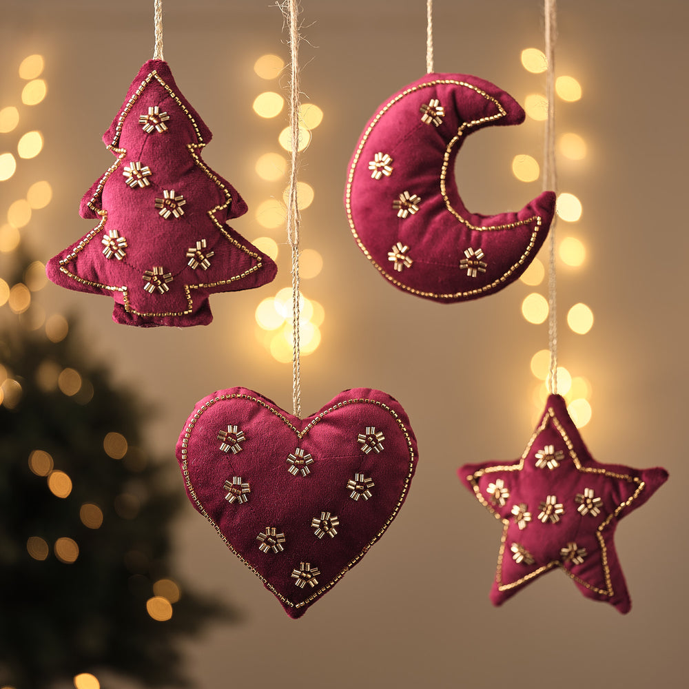 Lot de 4 Suspensions en Velours Rouge Orné de Perles