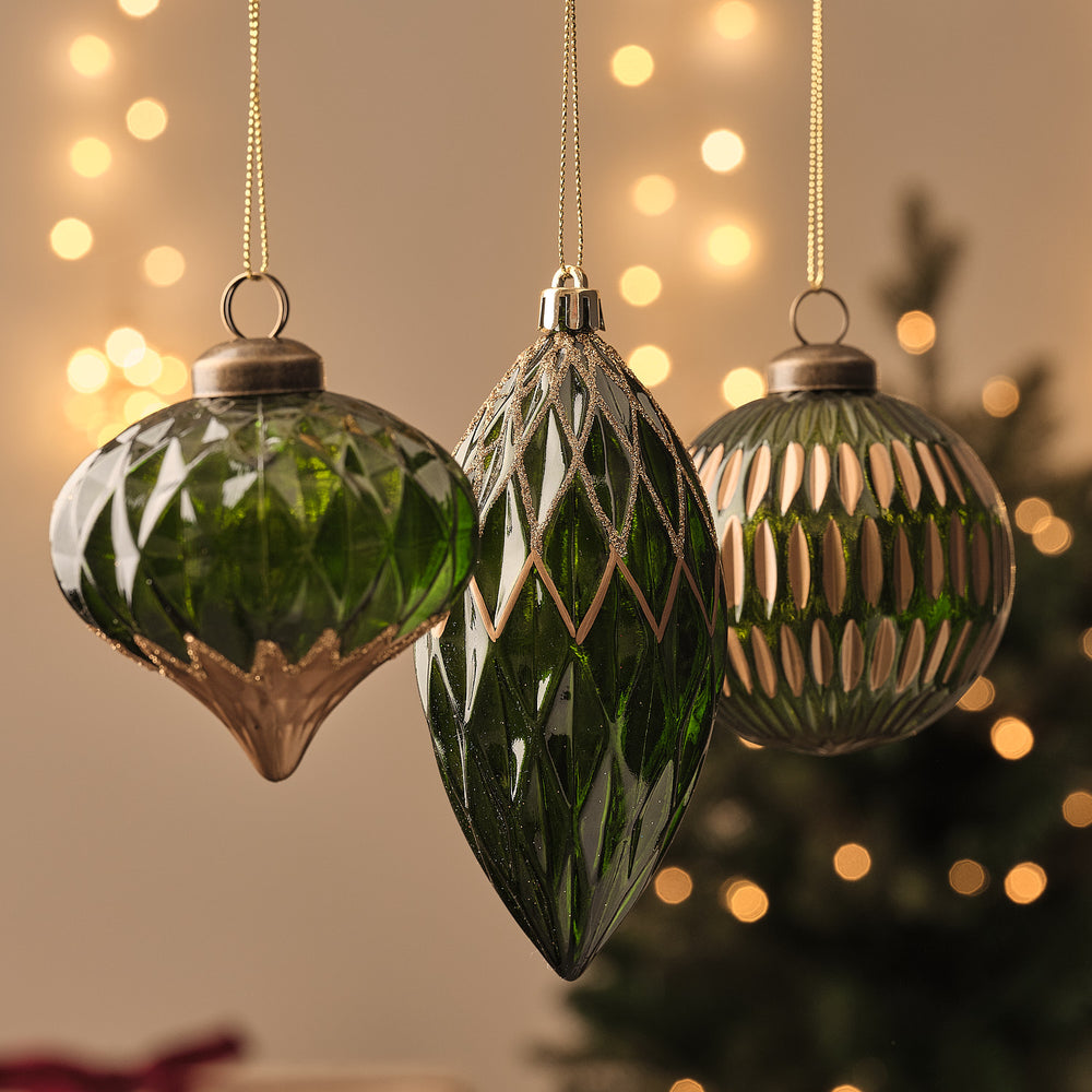 Lot de 3 Boules de Noël Vertes à Finition Dorée Effet Ancien