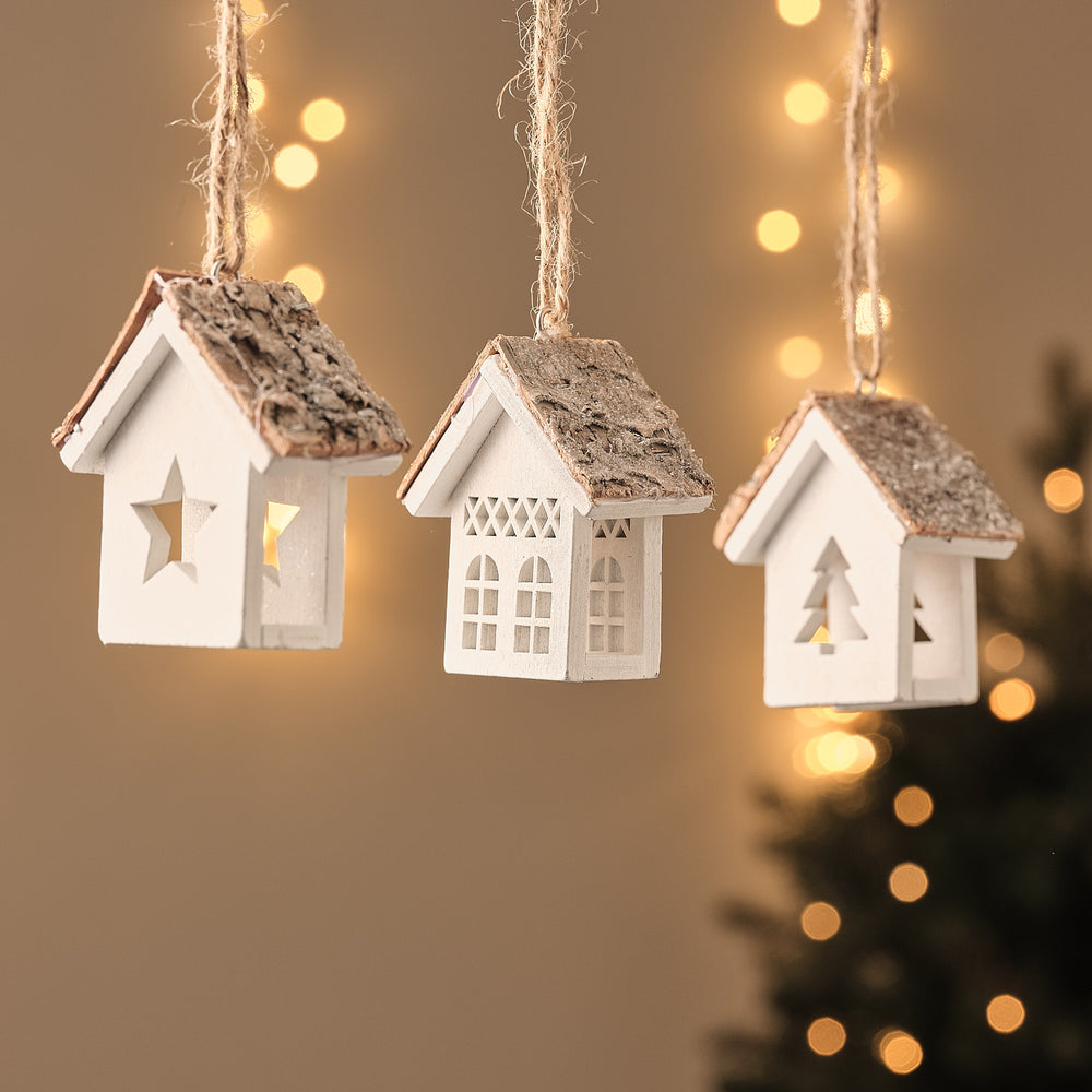 Lot de 3 Maisons en Bois Blanches Style Scandinave à Suspendre