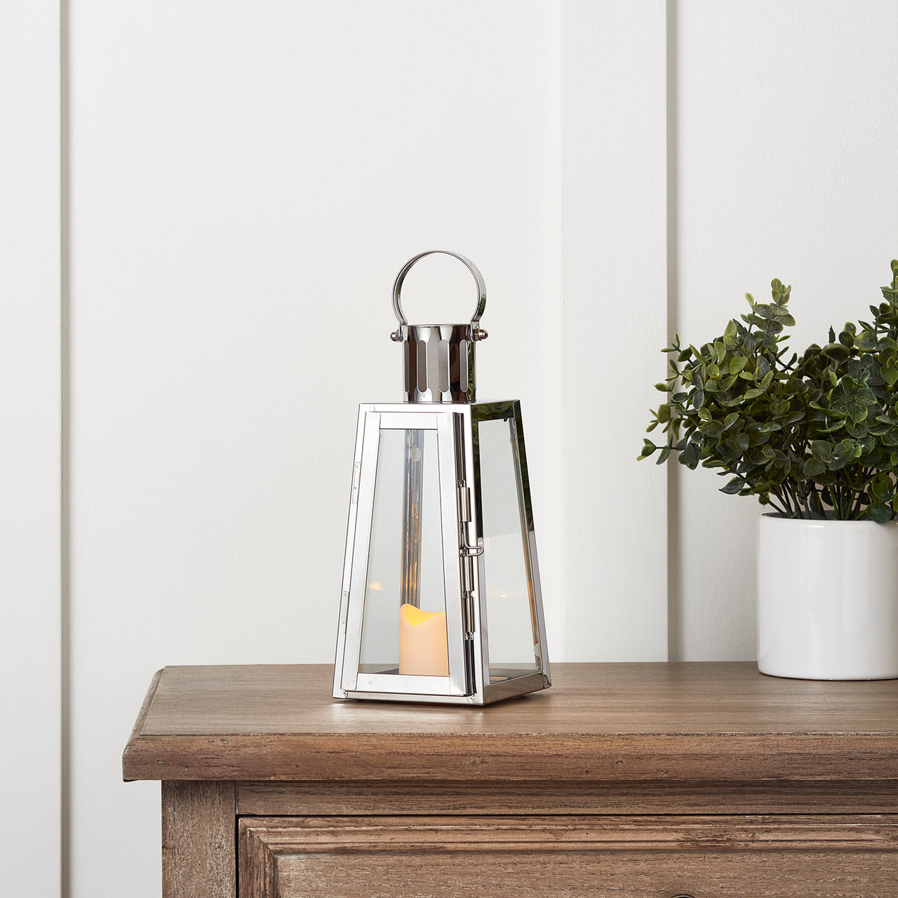 Lanterne Trapèze en Acier Inoxydable avec Bougie LED à Piles