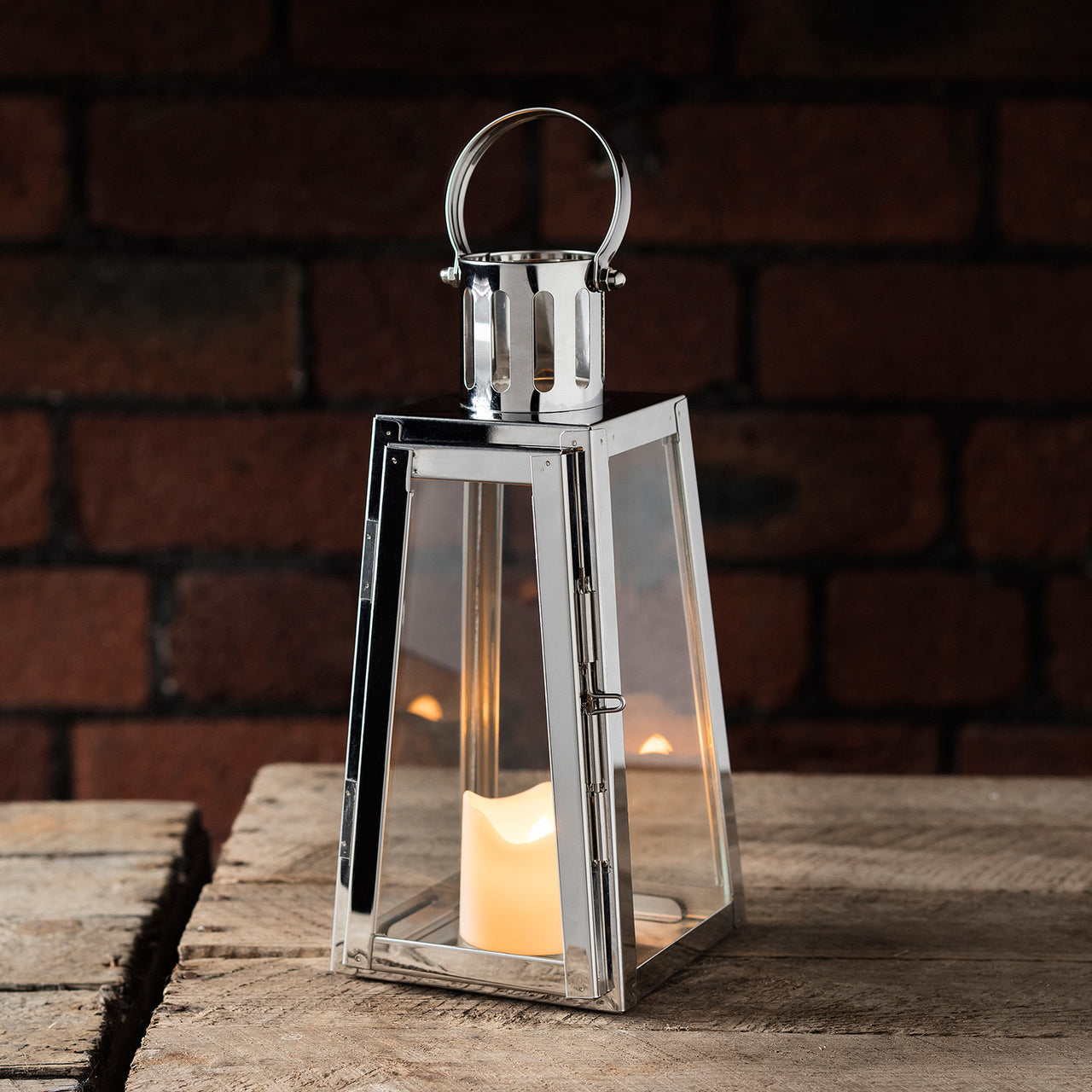 Lanterne Trapèze en Acier Inoxydable avec Bougie LED à Piles