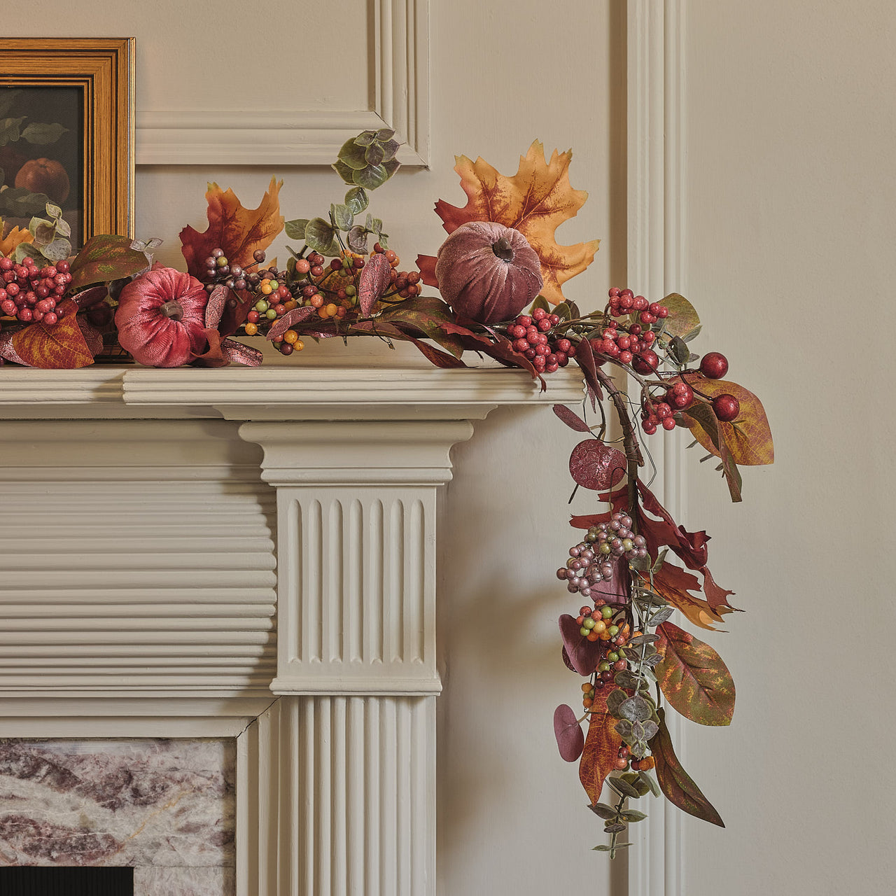 Lot Couronne & Guirlande d’Automne Pré-éclairées à Citrouilles en Velours
