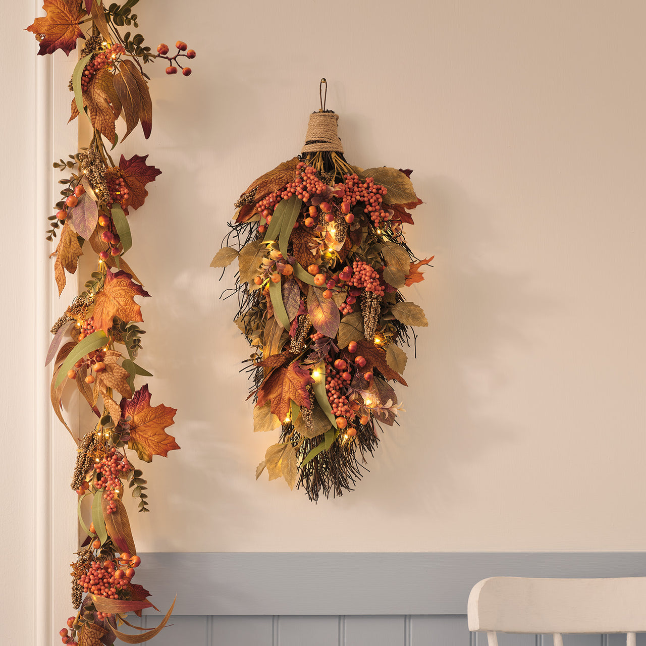 Lot de Couronne et Bouquet Mural d’Automne Pré-éclairés Feuilles d’Érable
