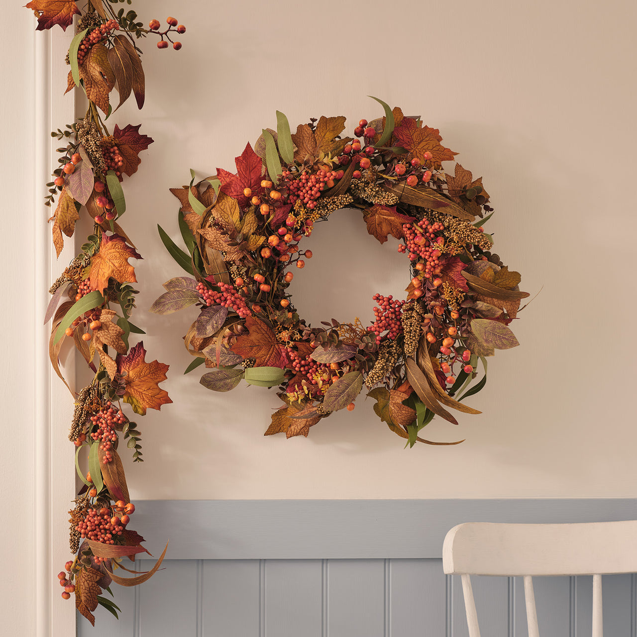 Lot de Couronne et Guirlande d’Automne Pré-éclairées Feuilles d’Érable