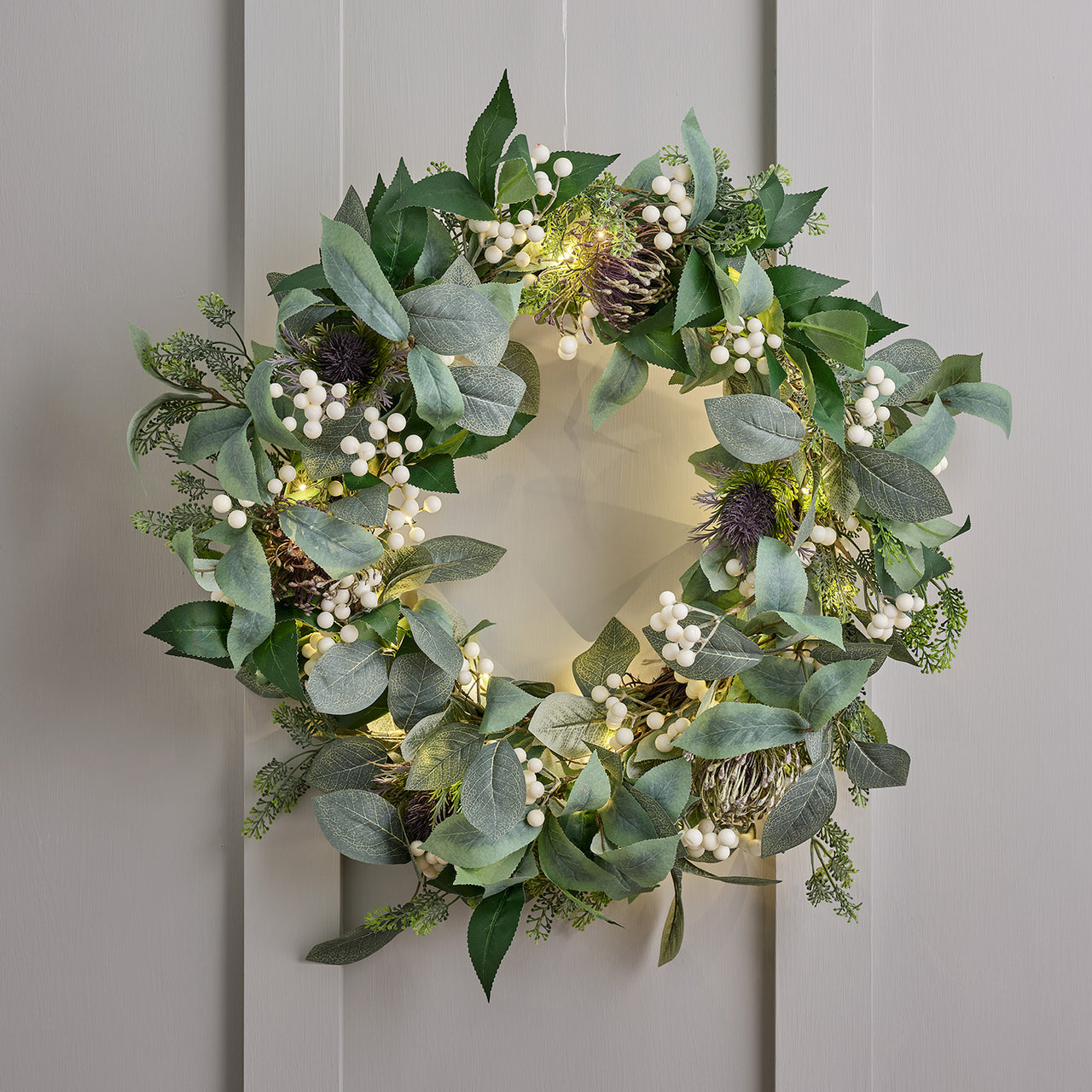 Couronne de Noël Pré-éclairée à Baies Blanches de 60 cm
