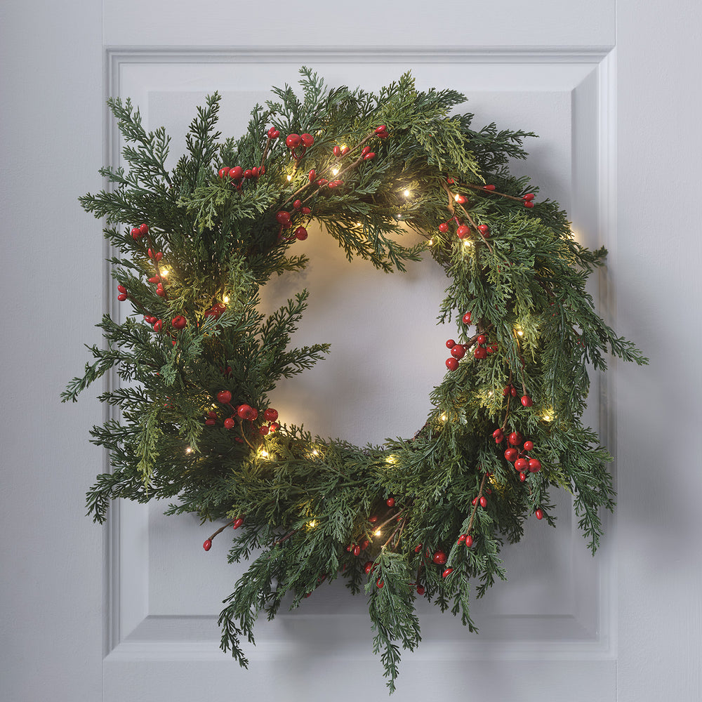 Couronne de Noël Pré-éclairée aux Baies Rouges