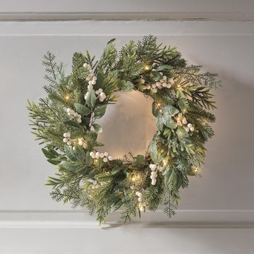 Couronne de Noël pré-éclairée de 50 cm aux baies blanches