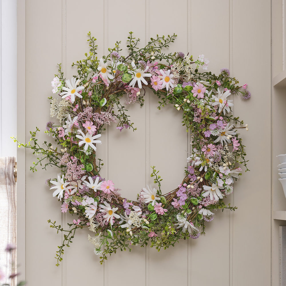 Couronne Printemps Pré-Éclairée 20cm Lights4fun - 16 LED Blanc Chaud - Fleurs Et Feuillage Artificiel
