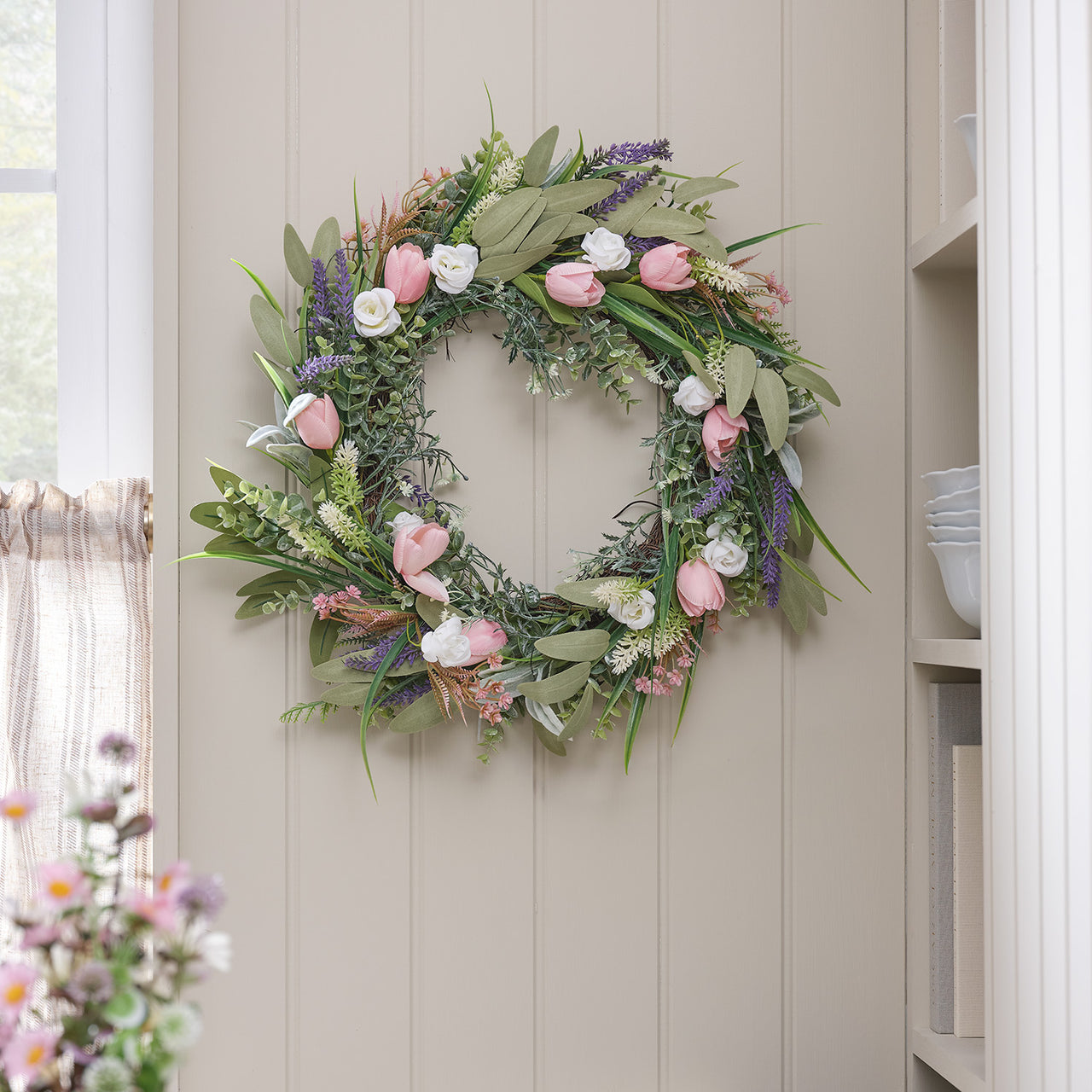Couronne Pré-Éclairée Tulipes & Lavande de 50 cm