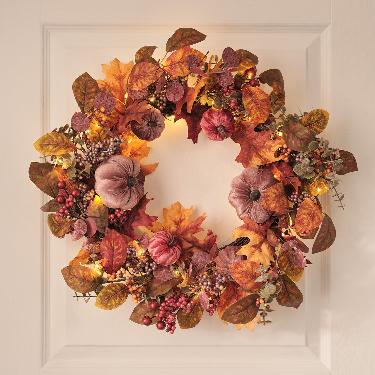 Couronne d’Automne Pré-éclairée à Citrouilles en Velours de 40 cm