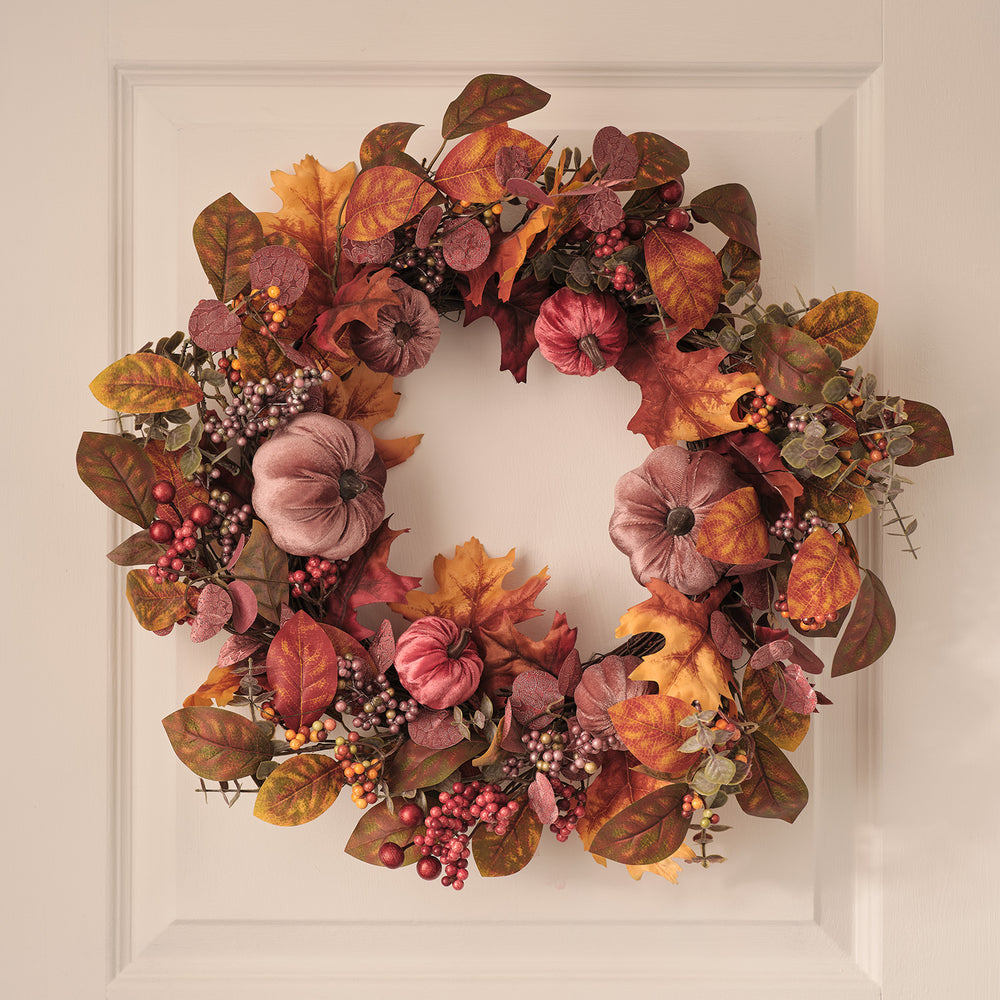 Couronne d’Automne Pré-éclairée à Citrouilles en Velours de 40 cm
