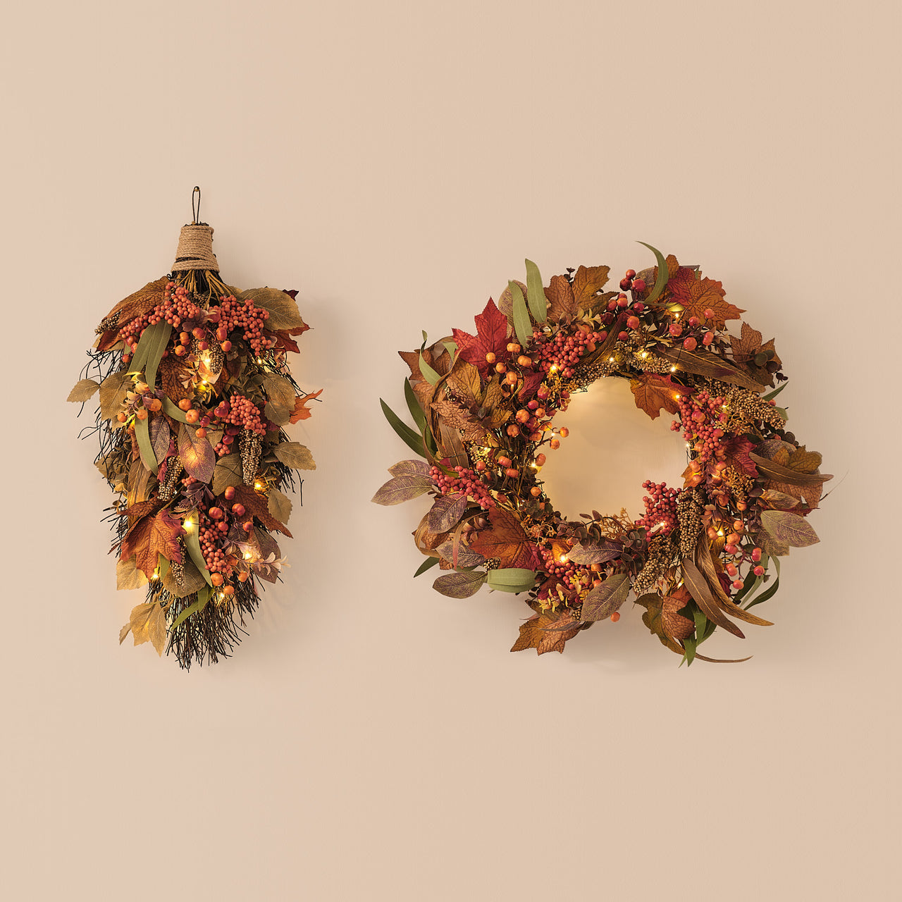 Lot de Couronne et Bouquet Mural d’Automne Pré-éclairés Feuilles d’Érable